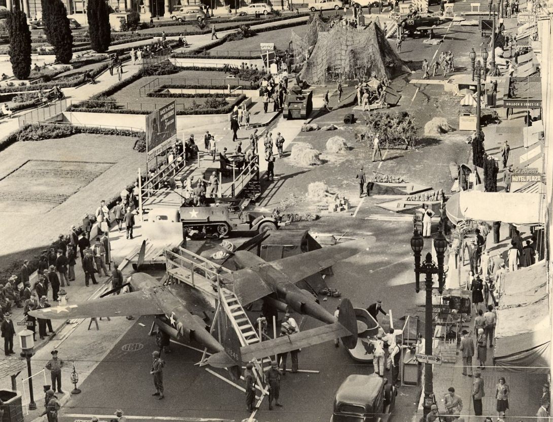 Military demonstration on Post Street alongside Union Square Park, 1943