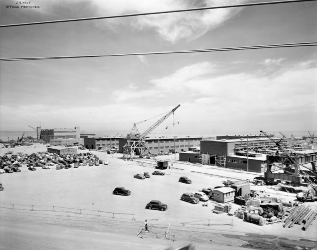 View of new shops and cranes under construction at Hunters Point Naval Drydocks, 1943
