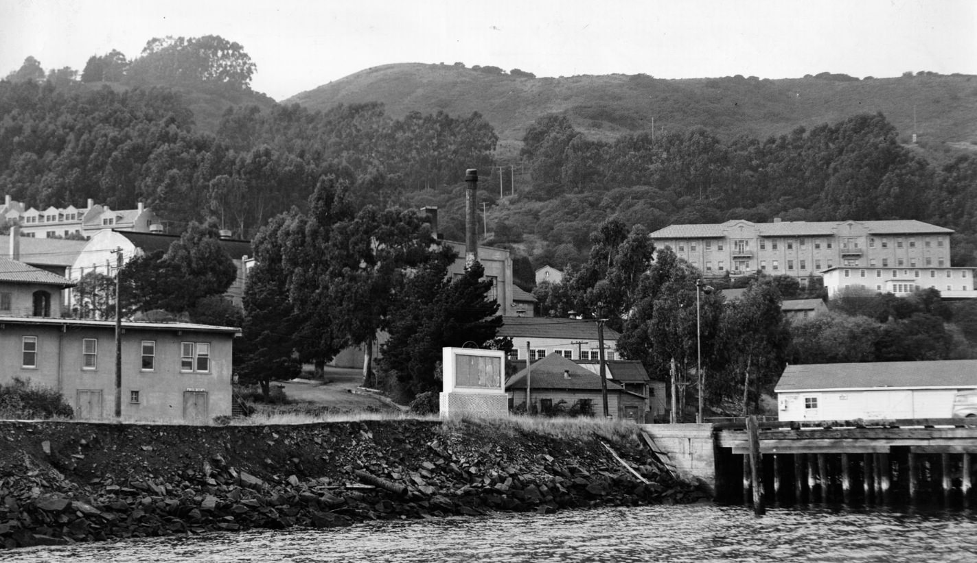 View of two water reservoirs and Fort McDowell Army base on Angel Island, 1948