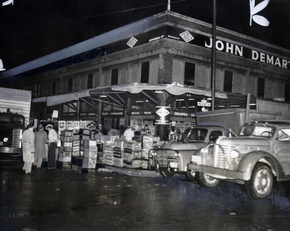 View west on Washington Street from Drumm in the produce district, 1956.