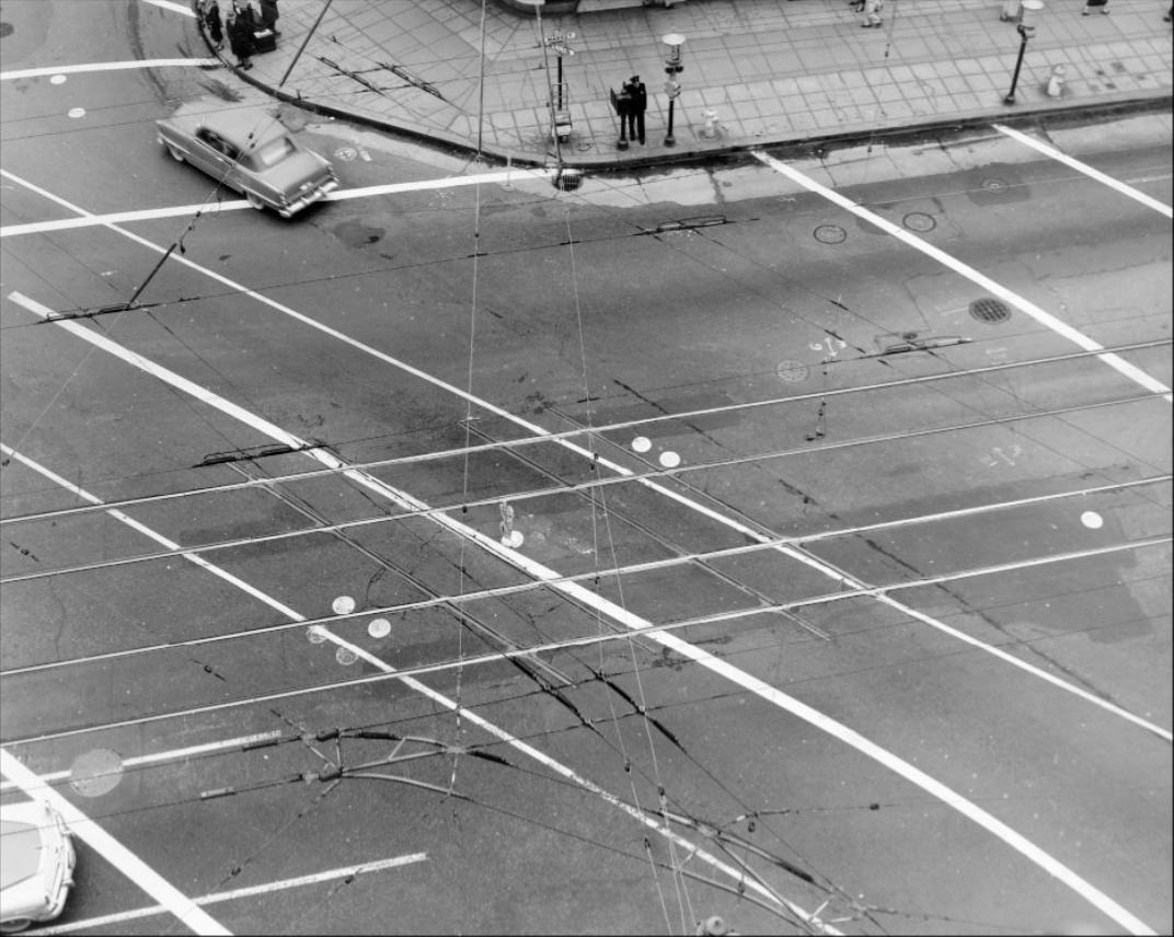Intersection of Stockton, Market, and Ellis Streets, 1956.