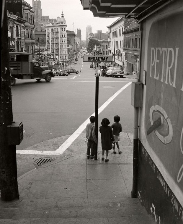 View of Kearny Street from Broadway, circa 1950s.