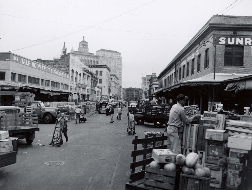 Deliveries to produce markets on Washington Street, circa 1950s.