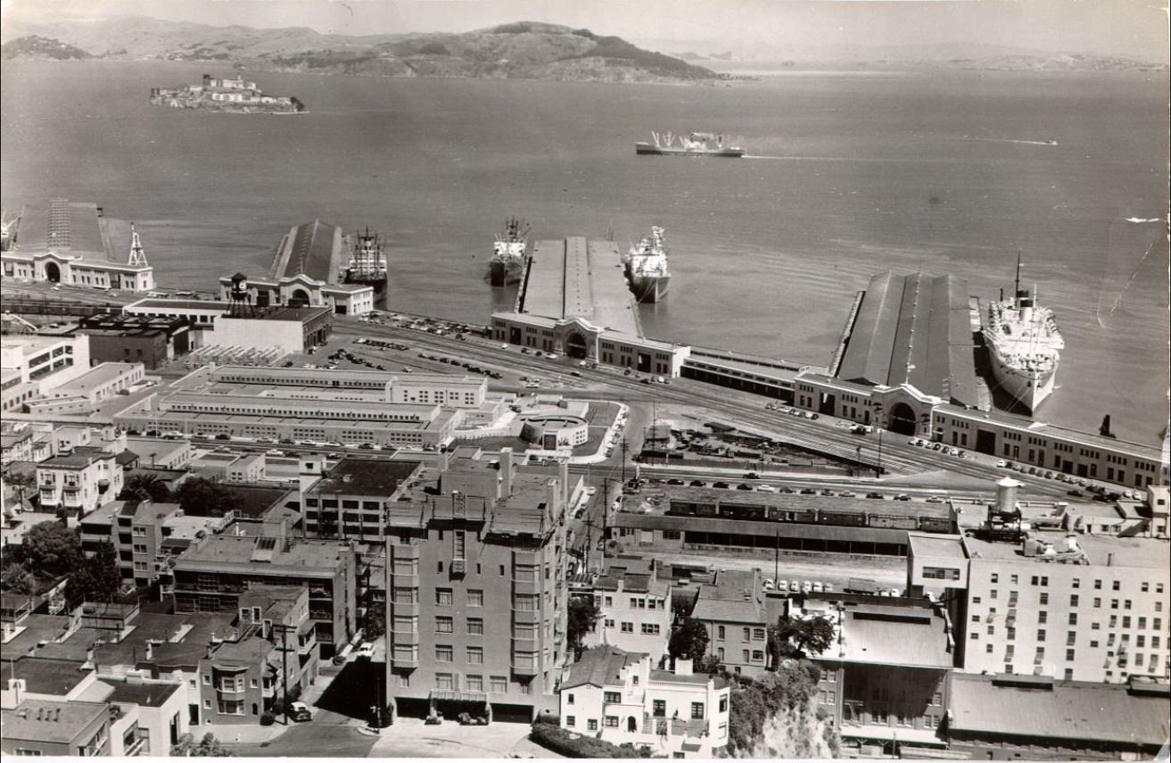 View of the San Francisco waterfront from Telegraph Hill, circa 1952.