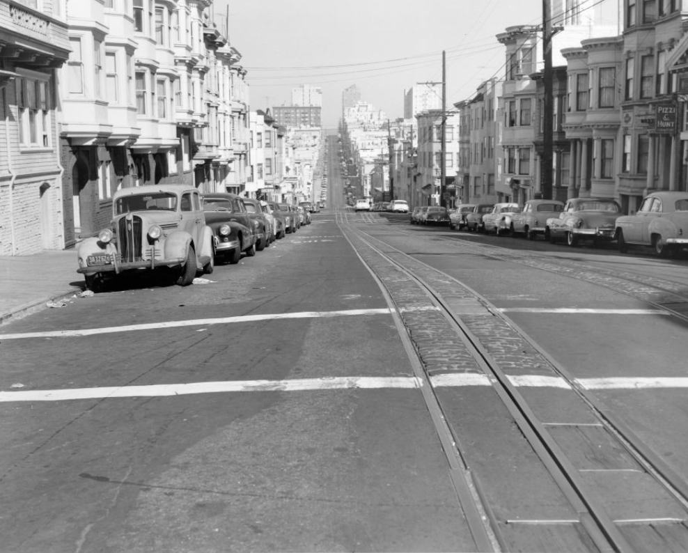 Looking north on Hyde Street at Washington, 1955.