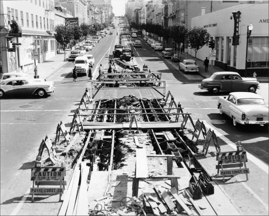 View east on California at Polk Street, 1957.