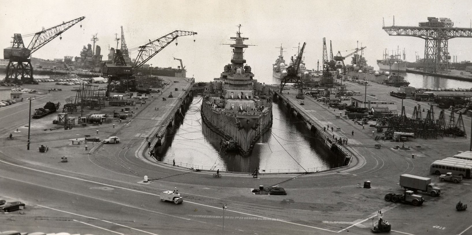The U.S.S. Iowa in drydock at Hunters Point, 1951.