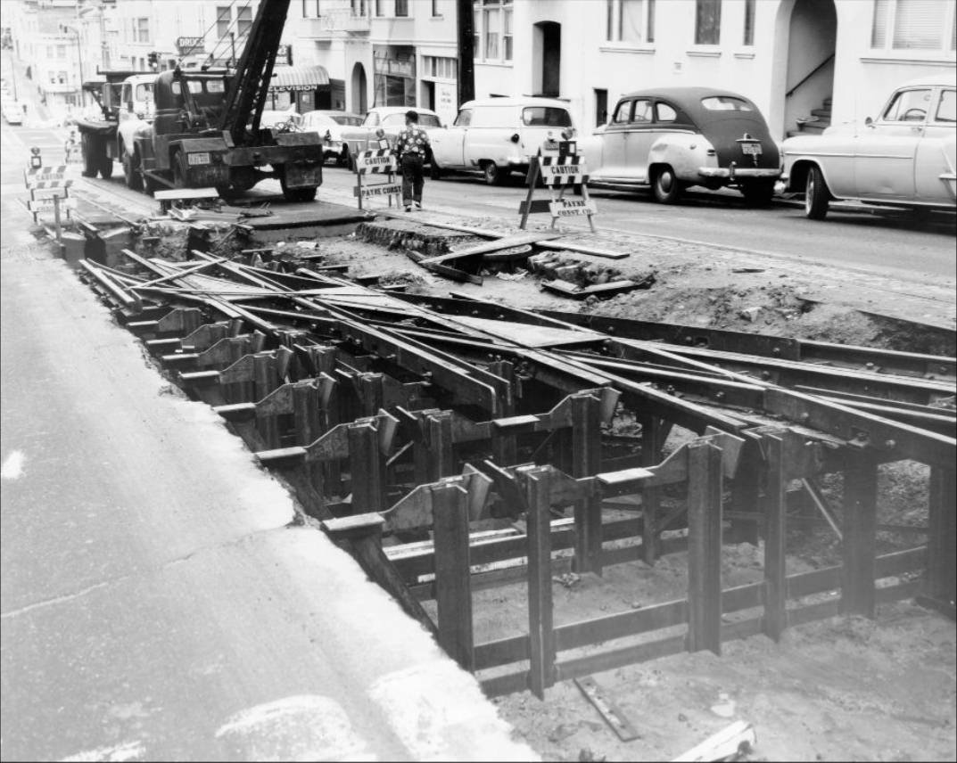Hyde Street between Jackson and Pacific with a special crossover, 1957.