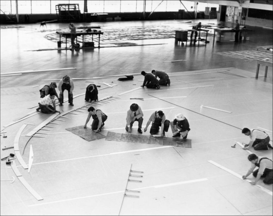 Crew working on the Bon Homme Richard aircraft carrier, 1953.