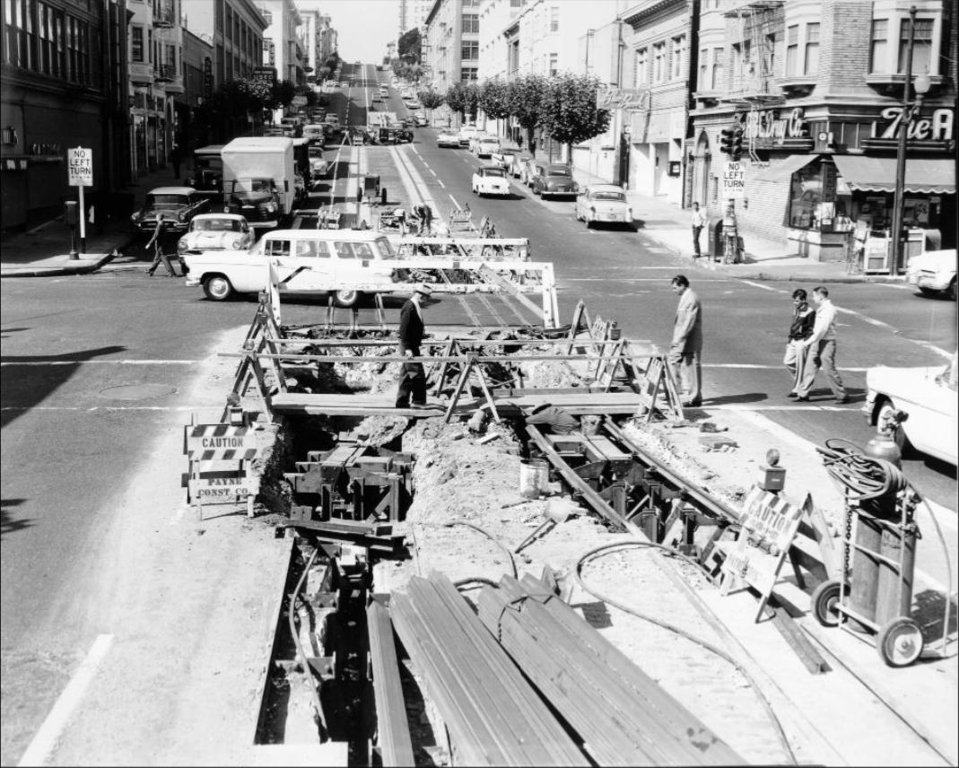 View west on California Street at Polk, 1957.