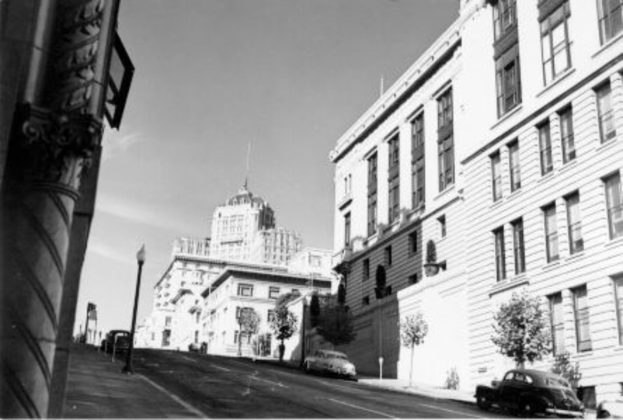 View of the Mark Hopkins Hotel on California Street, 1951.