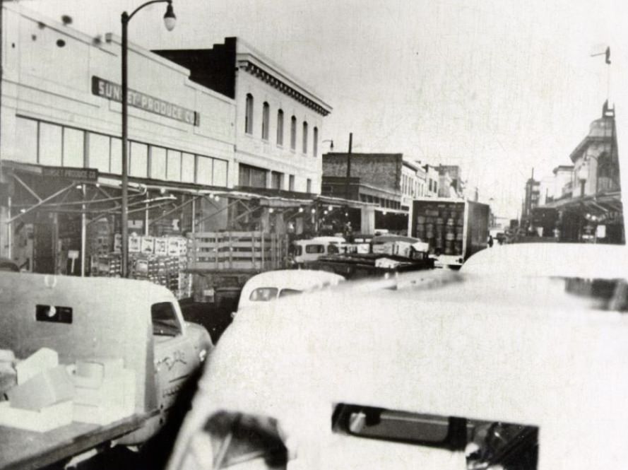 Streets outside the Commission District produce market congested, 1956.