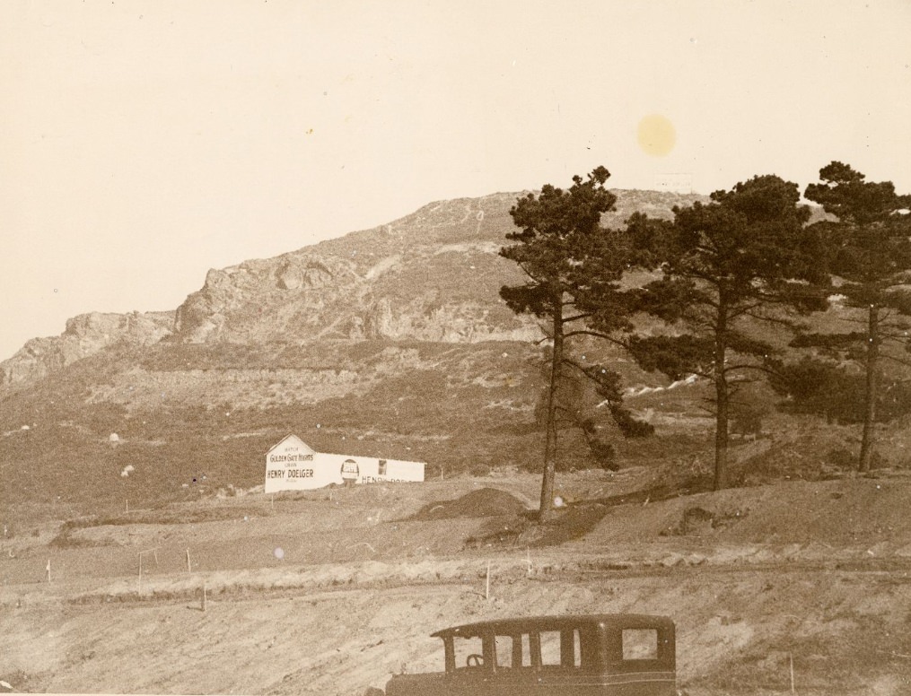 View of homes in the Sunset district from 16th Avenue toward Golden Gate Park, circa 1950s.