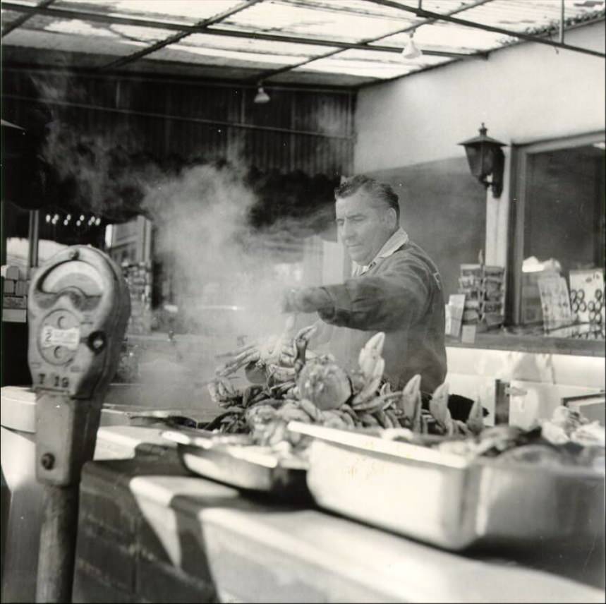 A crab stand at Fisherman's Wharf, 1958.
