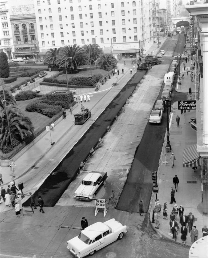 View north on Stockton Street from Geary, 1955.