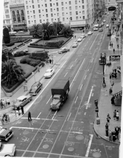 Near Union Square at Stockton and Geary Streets, 1955.