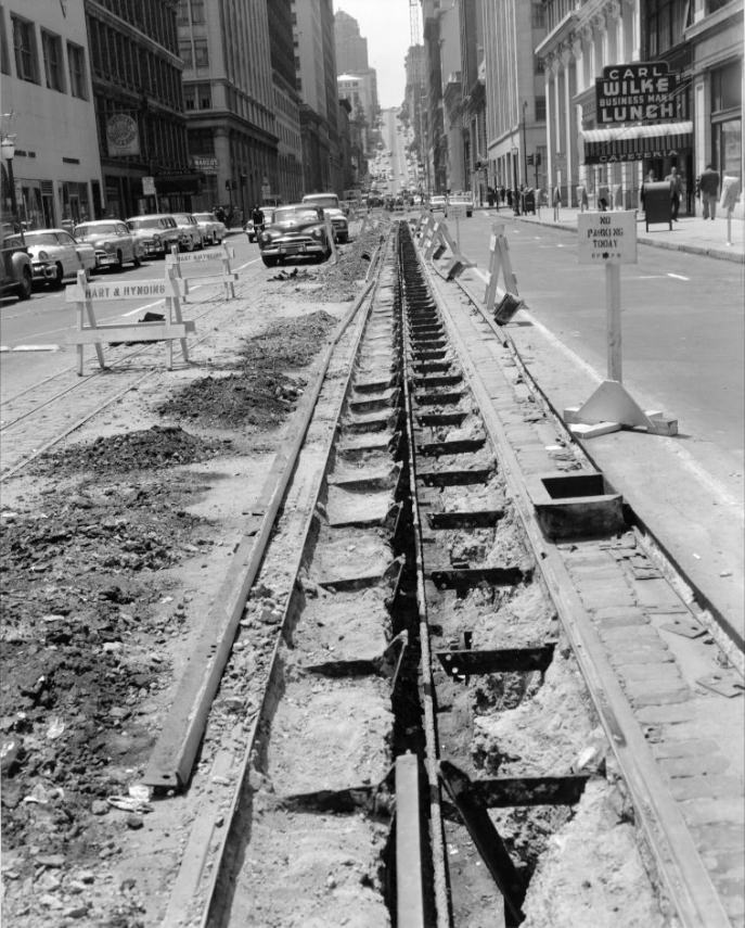 View west on California Street at Front, 1957.