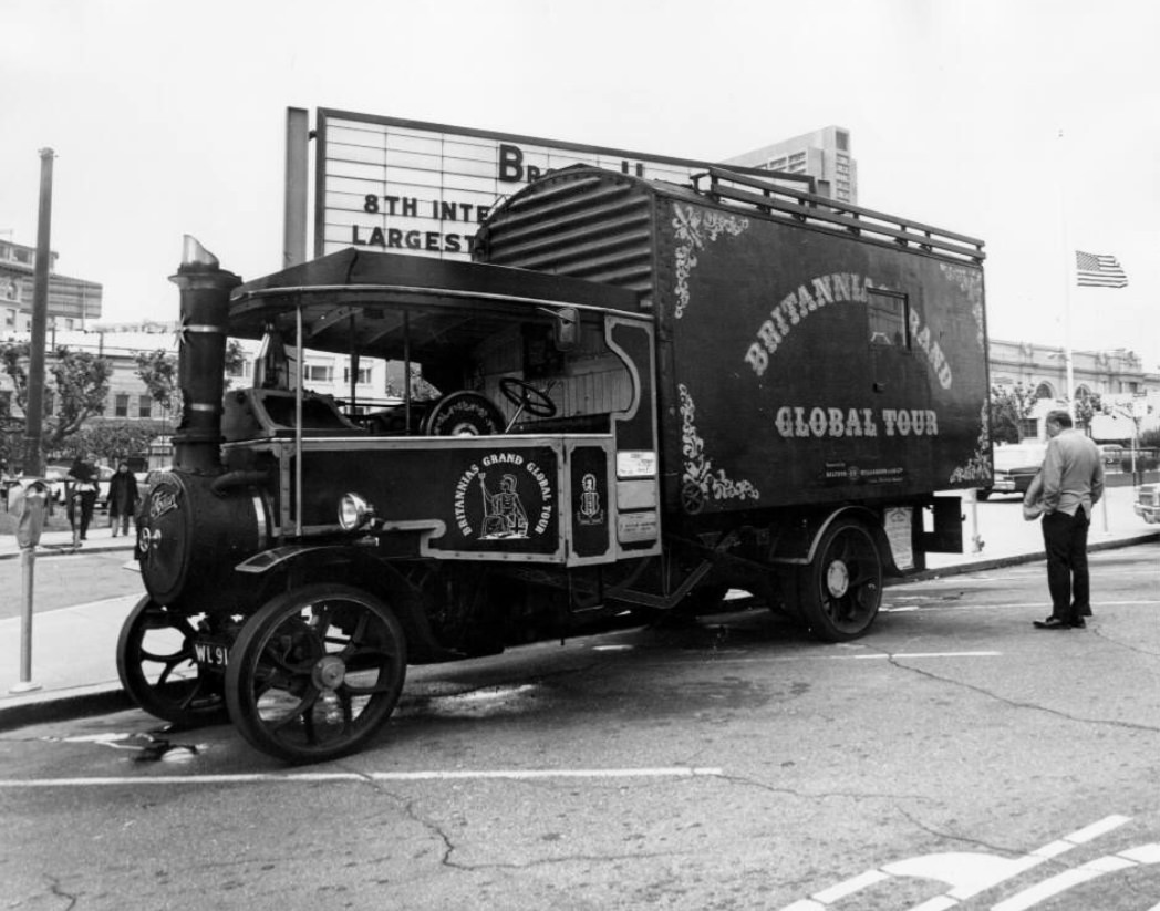 Britannias Grand Global Tour truck in Civic Center Plaza, 1960s.
