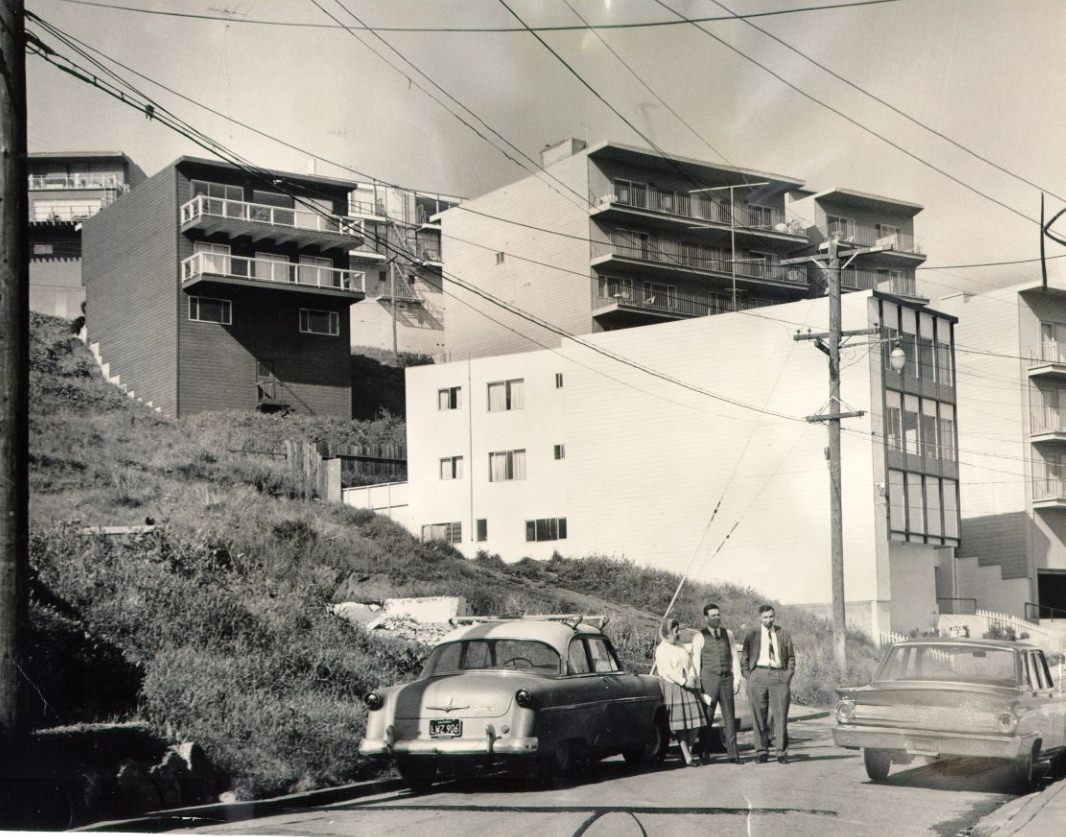 Three people in Twin Peaks district, 1963.