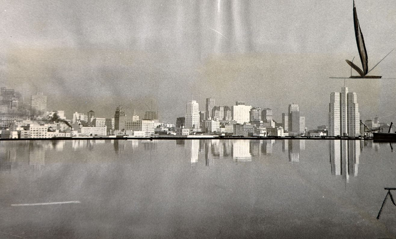 View of San Francisco from a helicopter landing platform on top of the Hall of Justice, 1960.