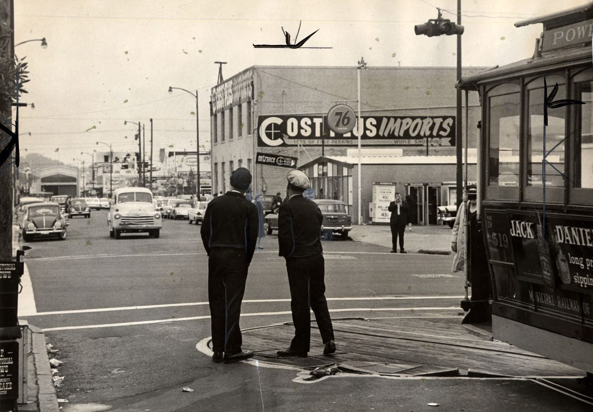 Cable car turntable at Bay and Taylor Street, Fisherman's Wharf, 1964.