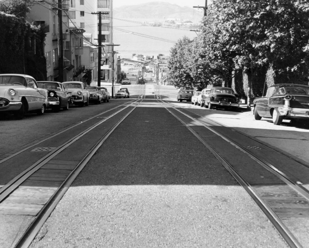 View of Bay from top of Hyde Street hill, 1961.