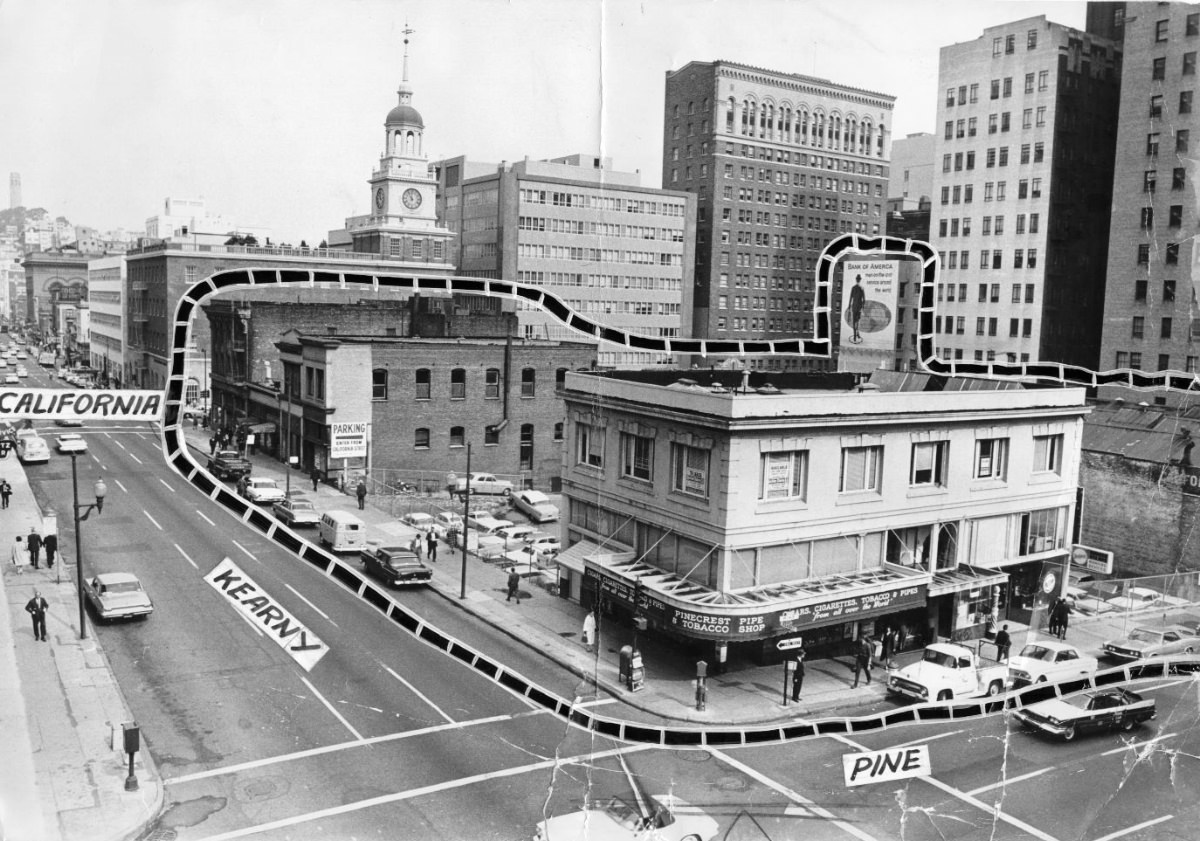 Corner of Kearny and Pine streets, 1963.