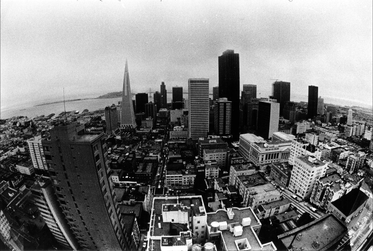 View of San Francisco from an outside elevator on the Fairmont Hotel, 1971.