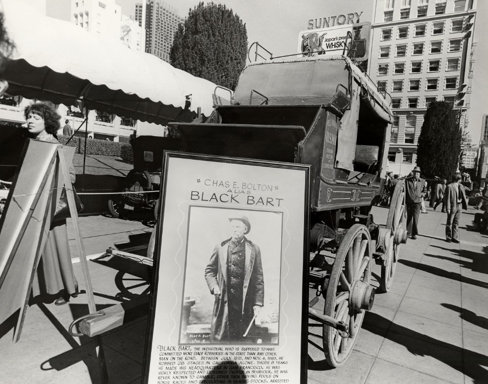 Poster of "Black Bart" and old stagecoach in Union Square, 1973.