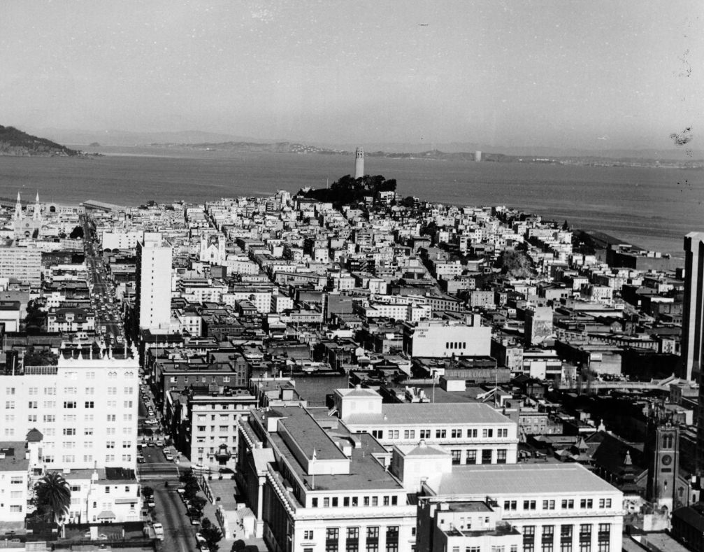 View of Coit Tower from Mark Hopkins Hotel, 1973.
