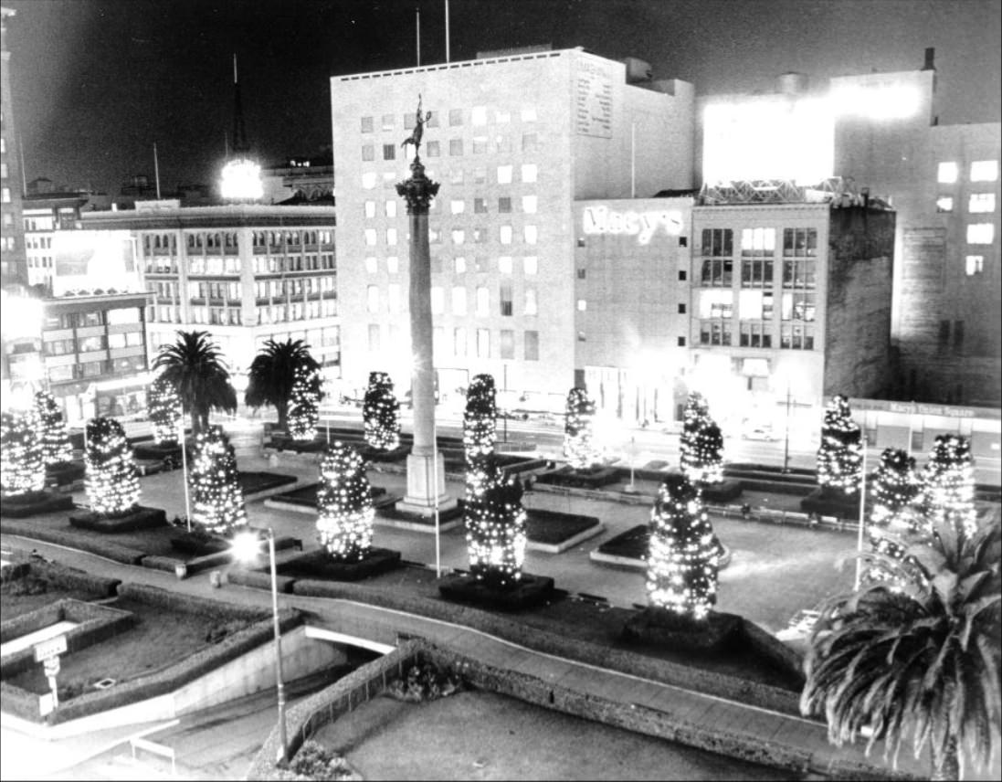 Illuminated Christmas trees in Union Square, 1971.