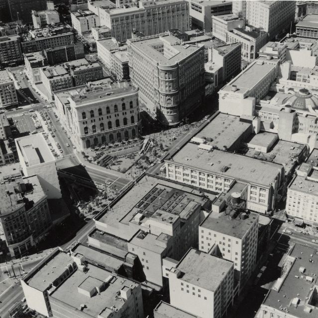 Aerial view of Hallidie Plaza, Market and Powell streets, 1975.
