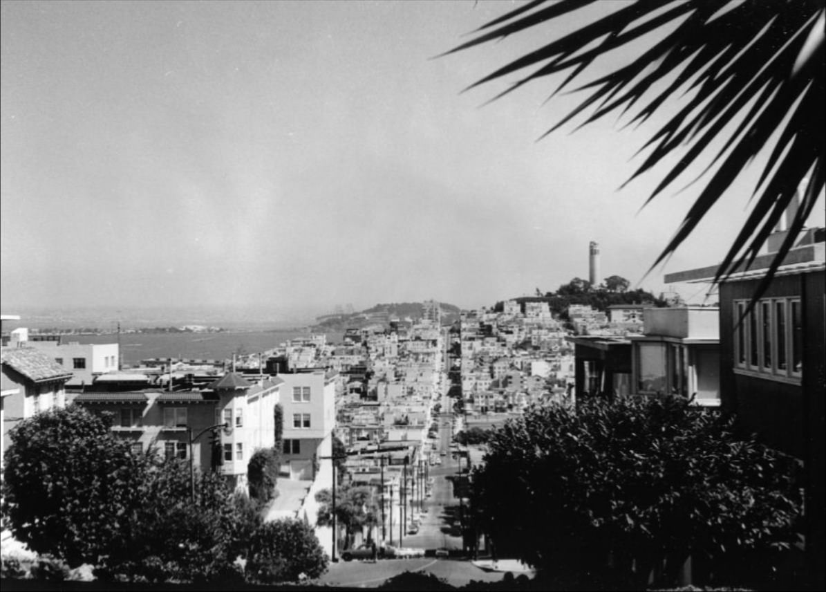 View of Telegraph Hill and North Beach from Hyde and Lombard streets, 1970s.