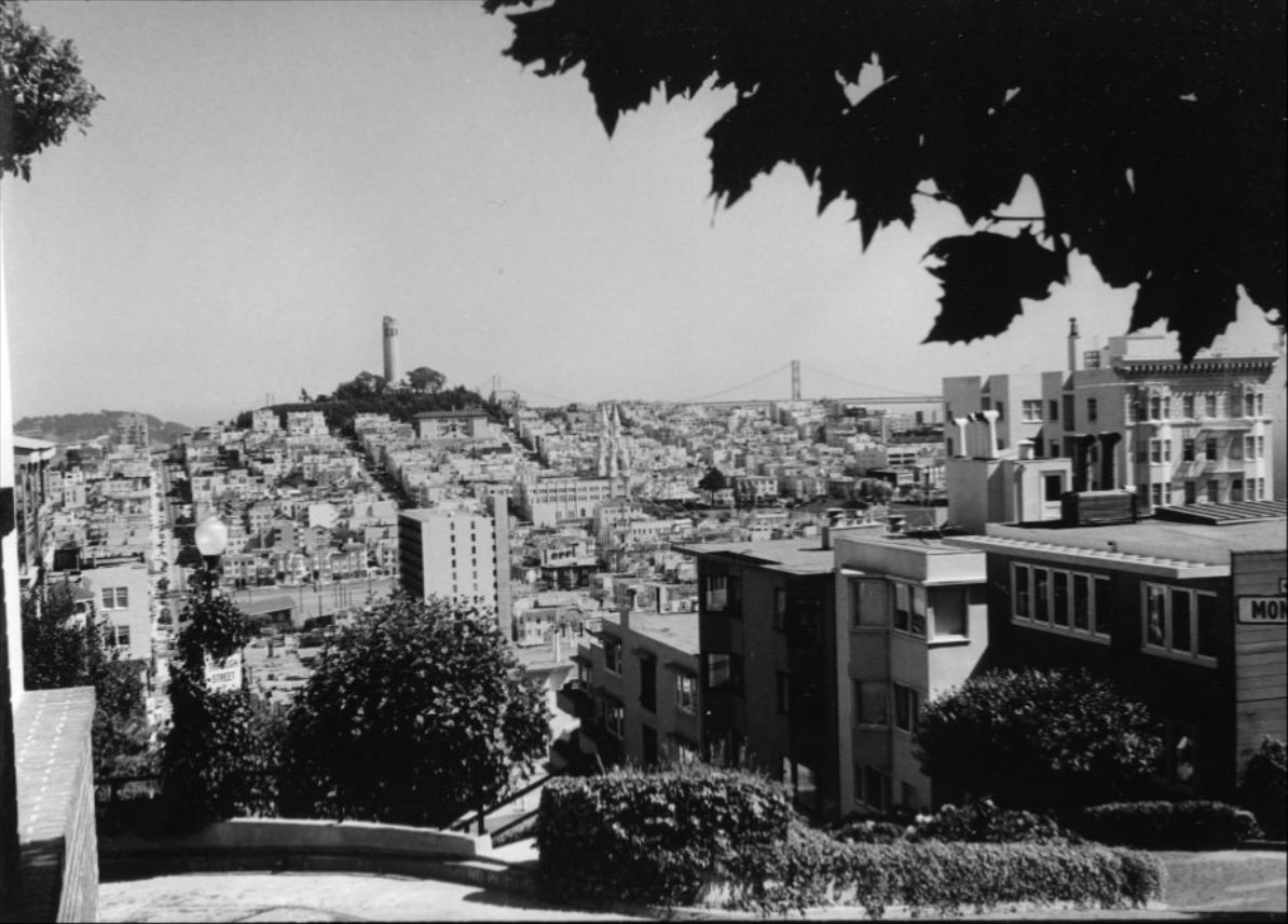 View of Telegraph Hill and North Beach from Hyde and Lombard streets, 1970s.