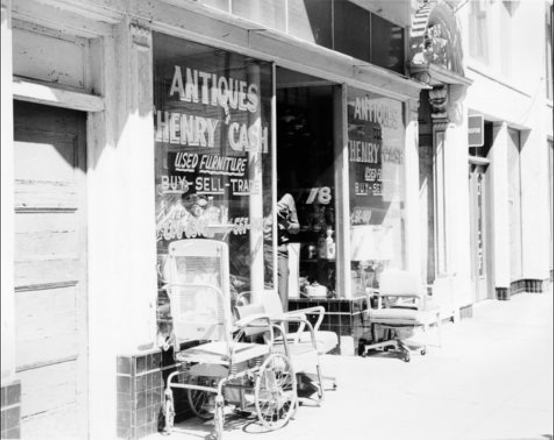 Used furniture and antique store at 778 McAllister Street, 1971.