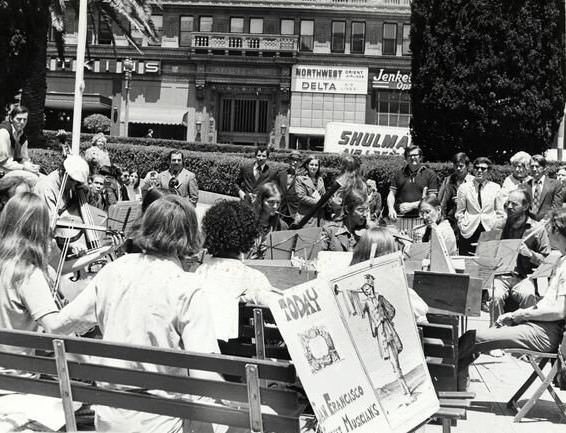 San Francisco Street Musicians perform in Union Square, circa 1970.
