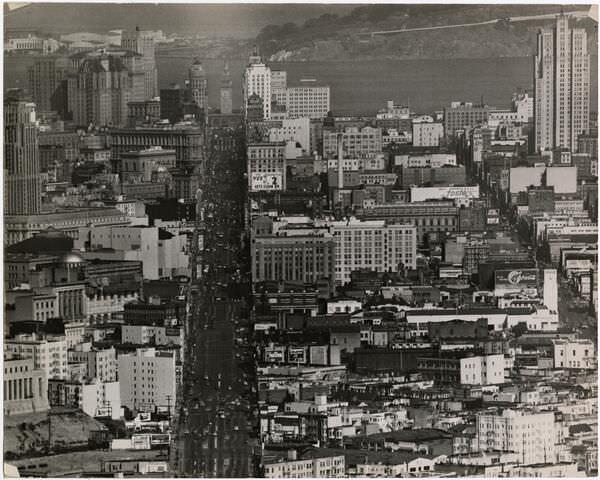 Aerial view of Market Street towards Ferry Building, 1948.