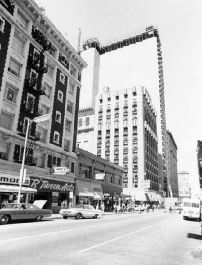 Geary at Mason street with the 32nd story addition of the St. Francis Hotel, 1971.