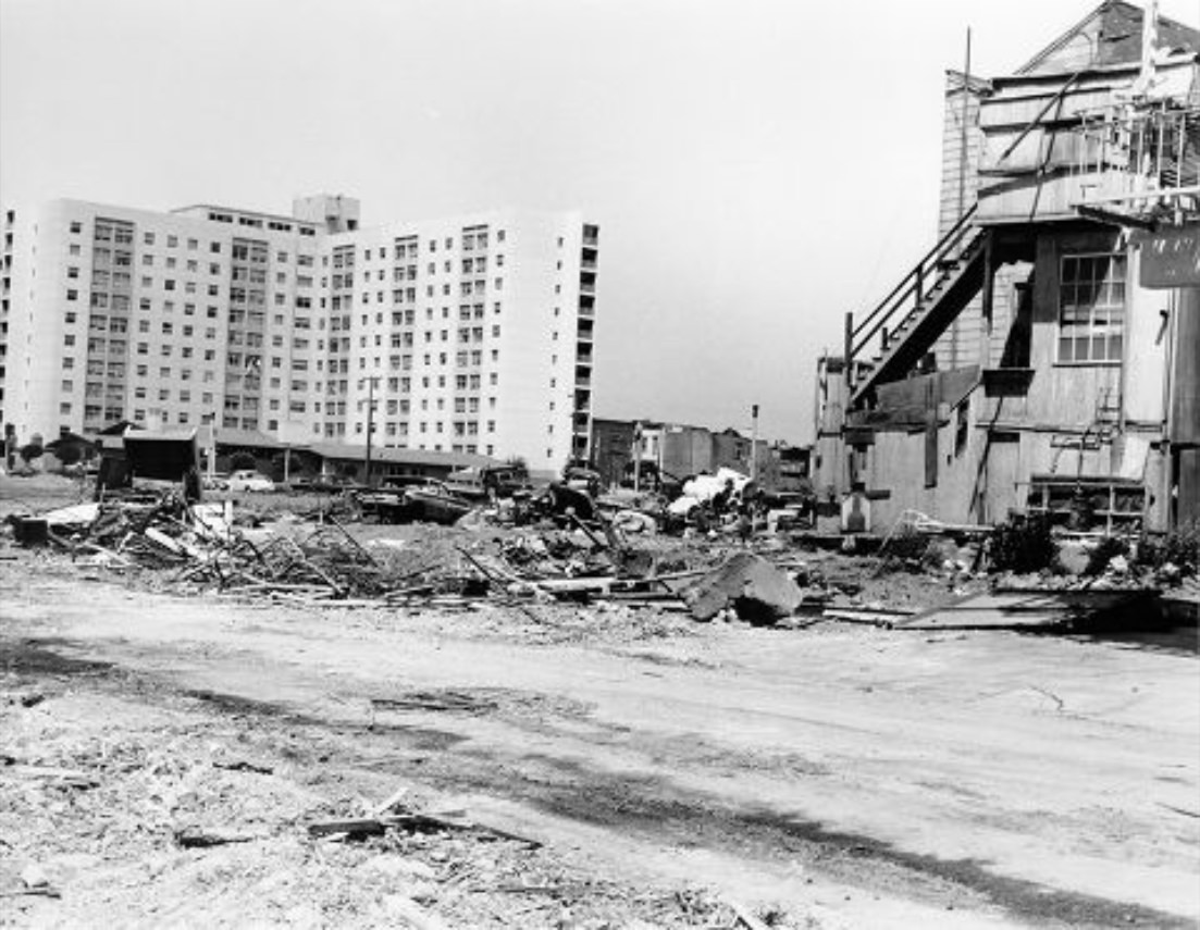 Site of planned housing projects at McAllister and Laguna streets, 1971.
