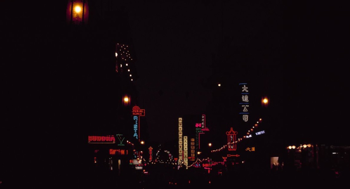 Chinatown lights at night on Grant and Washington Streets, circa 1974-1977.