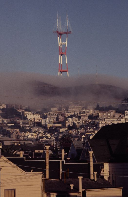 View of Sutro Tower through fog, 1976.