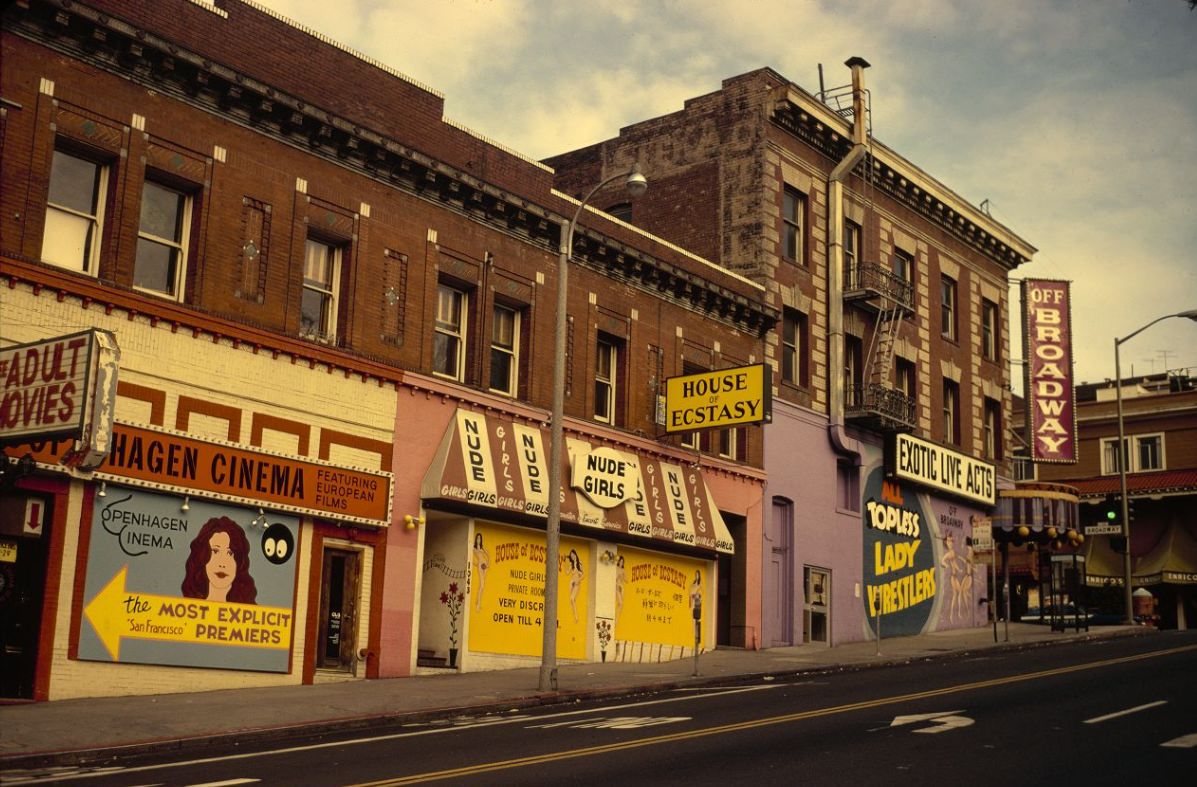 Adult movie theater and adult businesses on Kearny Street near Broadway Street, 1975.