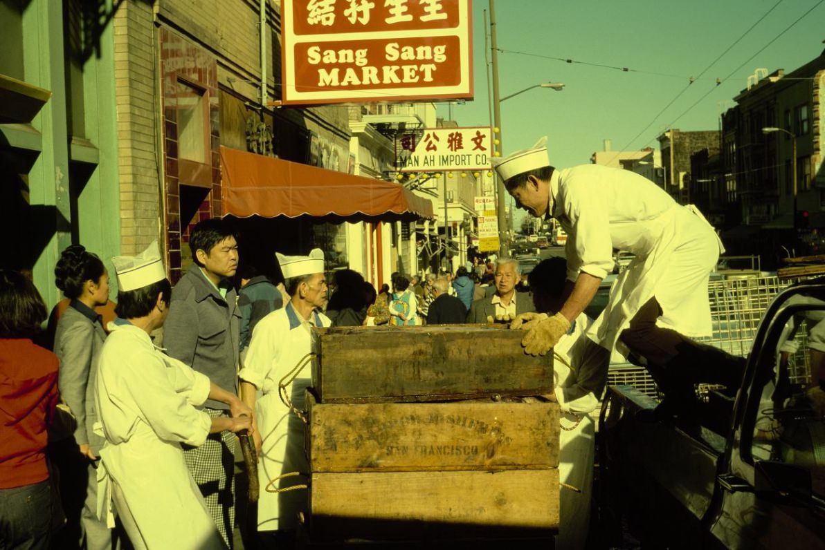 Chinatown market receiving fish delivery on Stockton Street, 1978.