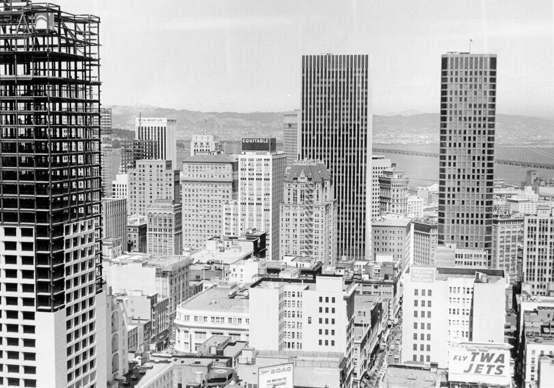 View east from the St. Francis Tower, showing Wells Fargo and Crocker buildings, 1971.