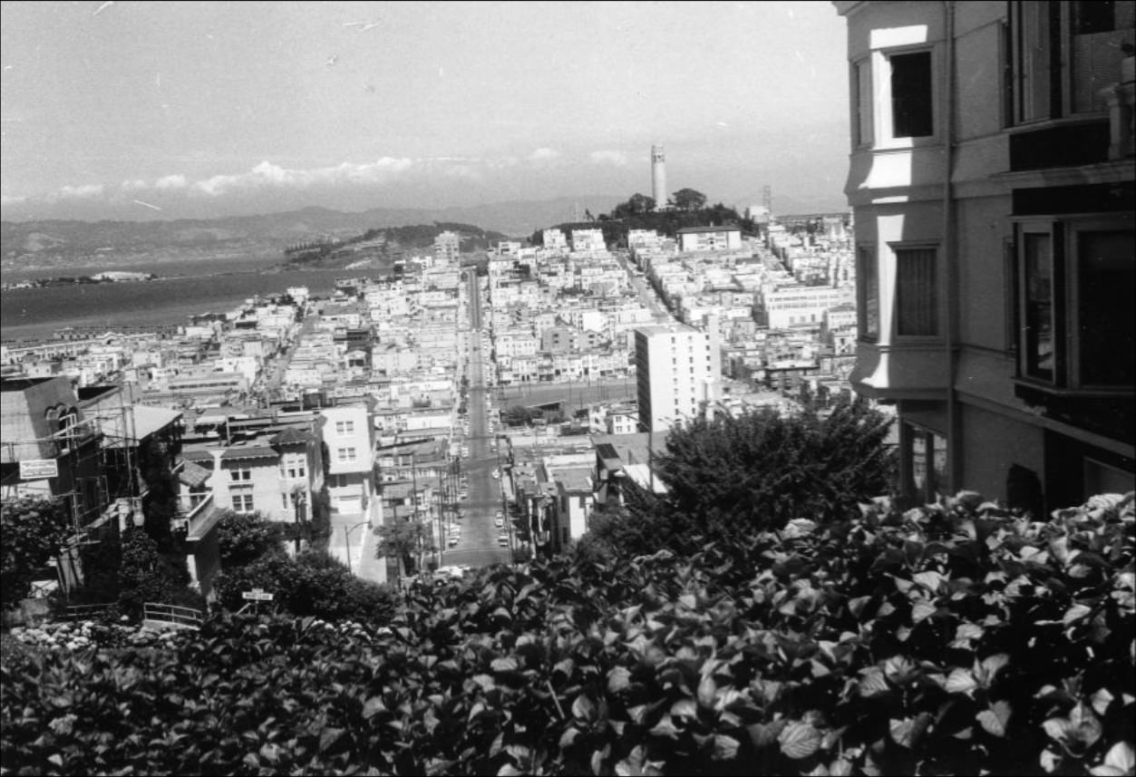 View of Telegraph Hill and North Beach from Hyde and Lombard streets, 1970s.