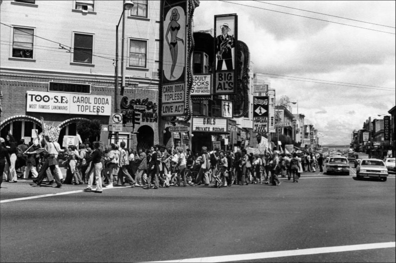 Women's first march against pornography, Broadway/Columbus, 1977.