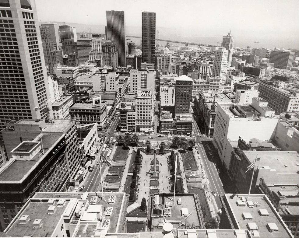 View of Union Square from the 32nd floor of the St. Francis Hotel, 1972.