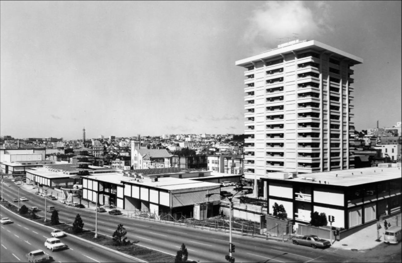 Japantown center under construction on Geary Street, 1970s.
