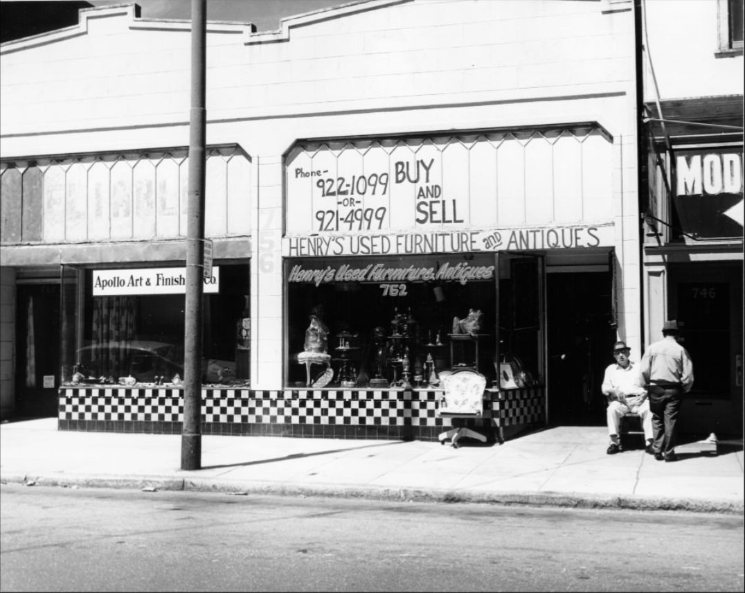 Henry's Used Furniture and Antiques store at 752 McAllister Street, 1971.