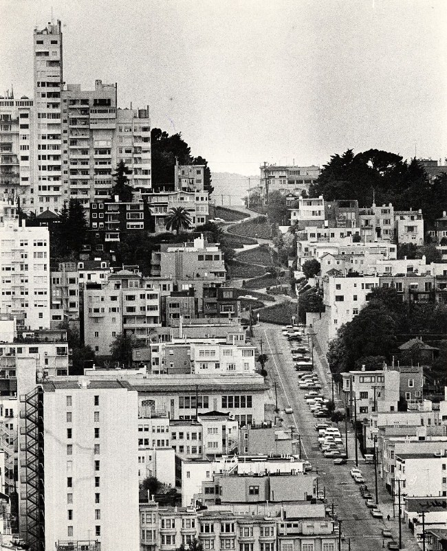 View of the crooked section of Lombard Street from Telegraph Hill, 1972.